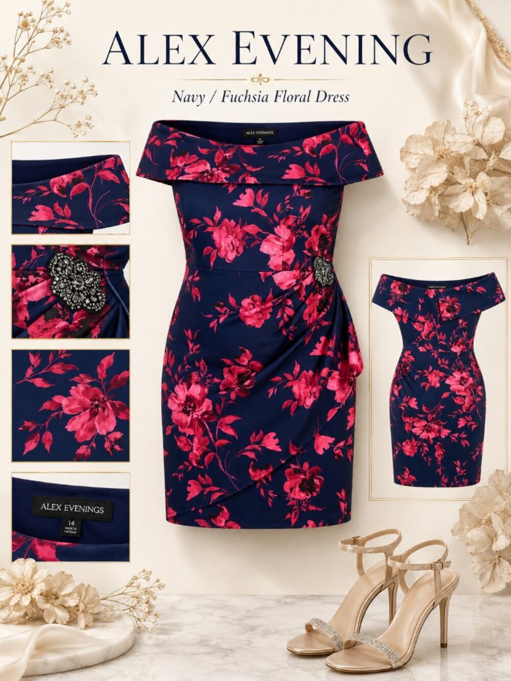 Alex Evenings Navy Fuchsia Floral Off Shoulder Sheath Dress 22W NWT